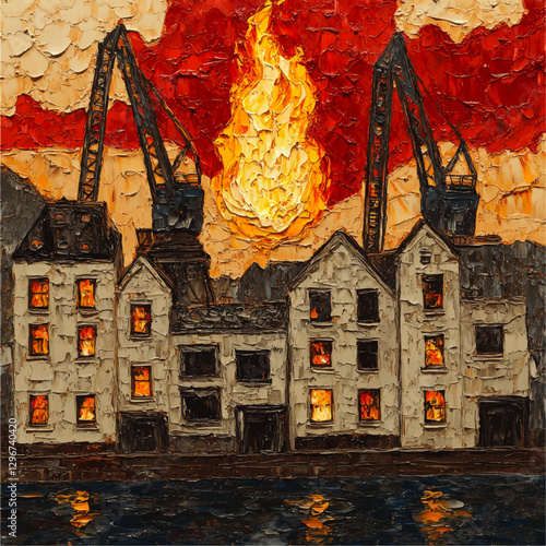 Vibrant Vector Art Depicting Urban Buildings Ablaze Under Fiery Skies with Cranes by Waterfront | Abstract Industrial Scenery with Explosive Color Palette