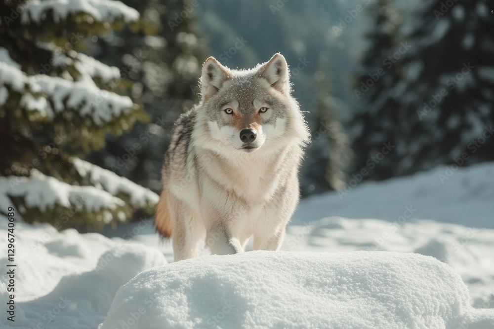 Obraz premium Majestic wolf stands poised in snowy landscape, surrounded by ev