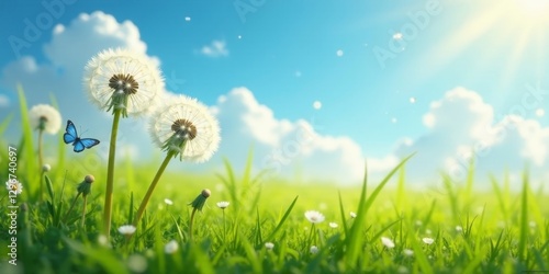 Serene Spring Meadow with Dandelions and a Blue Butterfly under a Sunny Sky