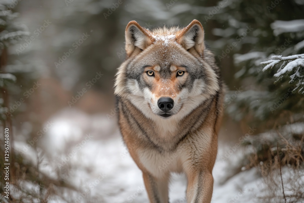 Majestic wolf walks through snowy forest, showcasing fierce gaze