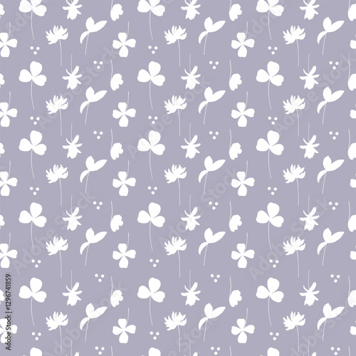Seamless pattern with white flowers on grey background. Cute ornament with clover. Hand-drawn vector illustration for your design. 