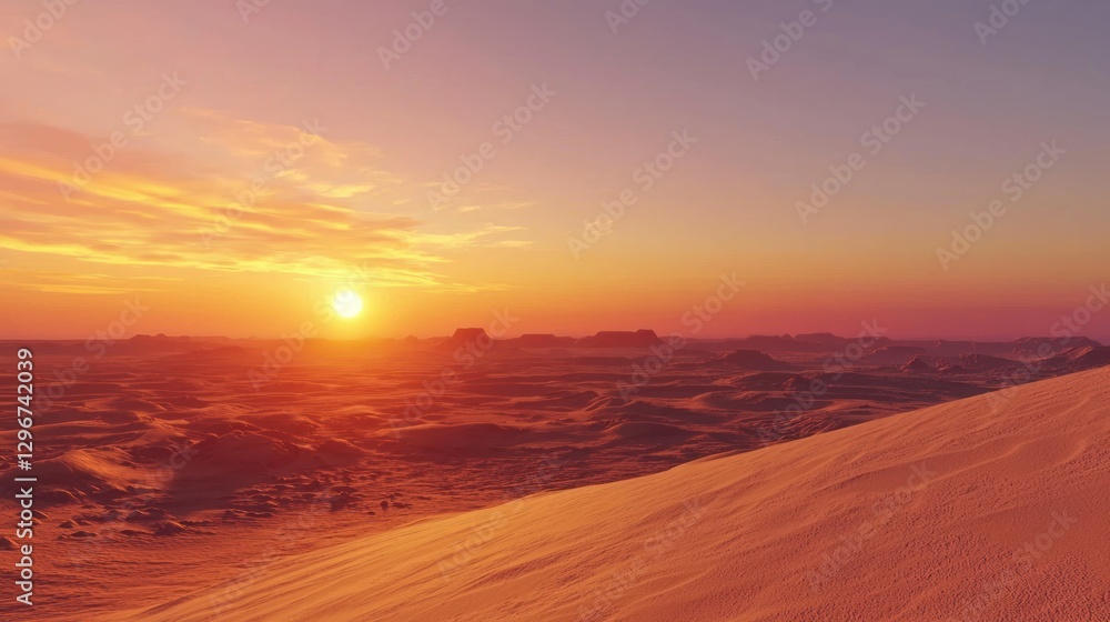 A dramatic desert landscape, with the horizon painted in fiery orange and pink during sunset. A dramatic desert landscape, with the horizon painted in fiery orange and pink during sunset.