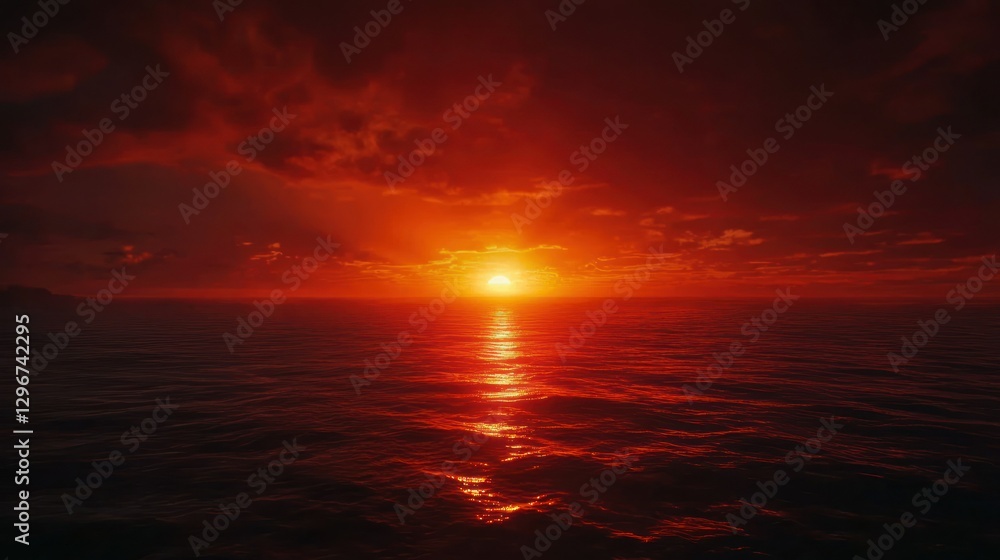 Fototapeta premium A dramatic red sunset over the ocean, with the horizon glowing intensely as the day ends.
