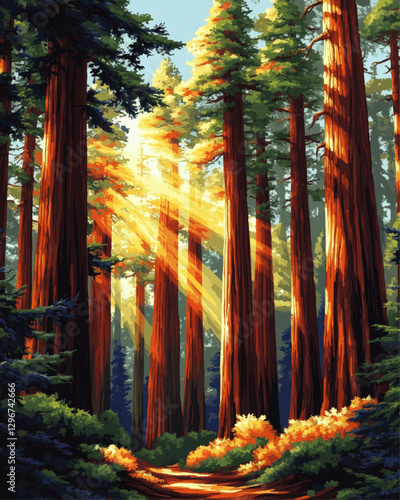 Majestic Redwood Forest Vector Art with Sunlight Streaming Through Tall Trees and Lush Greenery - Enchanting Nature Landscape Illustration for Design Projects