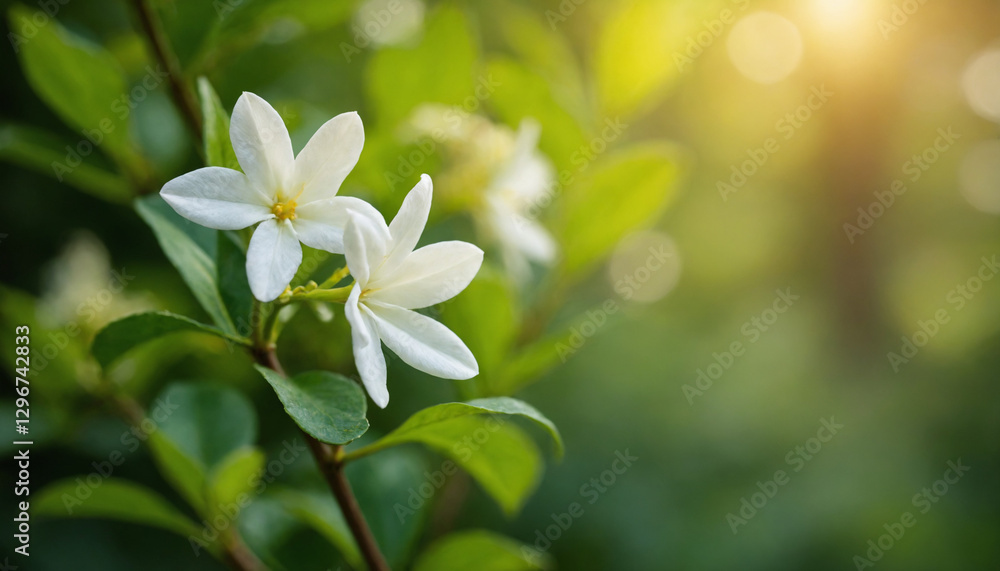 Delicate white jasmine flowers blooming amidst lush green foliage in soft sunlight Delicate white jasmine flowers blooming amidst lush green foliage in soft sunlight