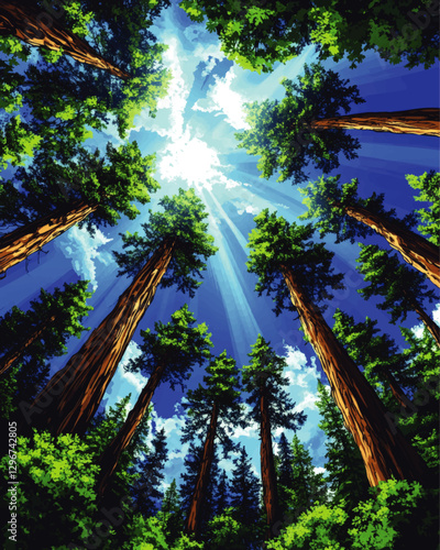 Majestic Redwood Forest Canopy Vector Art with Sun Rays - Stunning Tree Illustration, Lush Greenery, Blue Sky, Nature Landscape, Digital Artwork