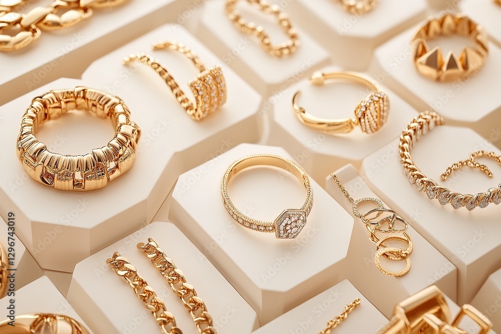 A variety of gold jewelry, including rings, earrings, and chains, is displayed on a white hexagonal table A variety of gold jewelry, including rings, earrings, and chains, is displayed on a white hexagonal table
