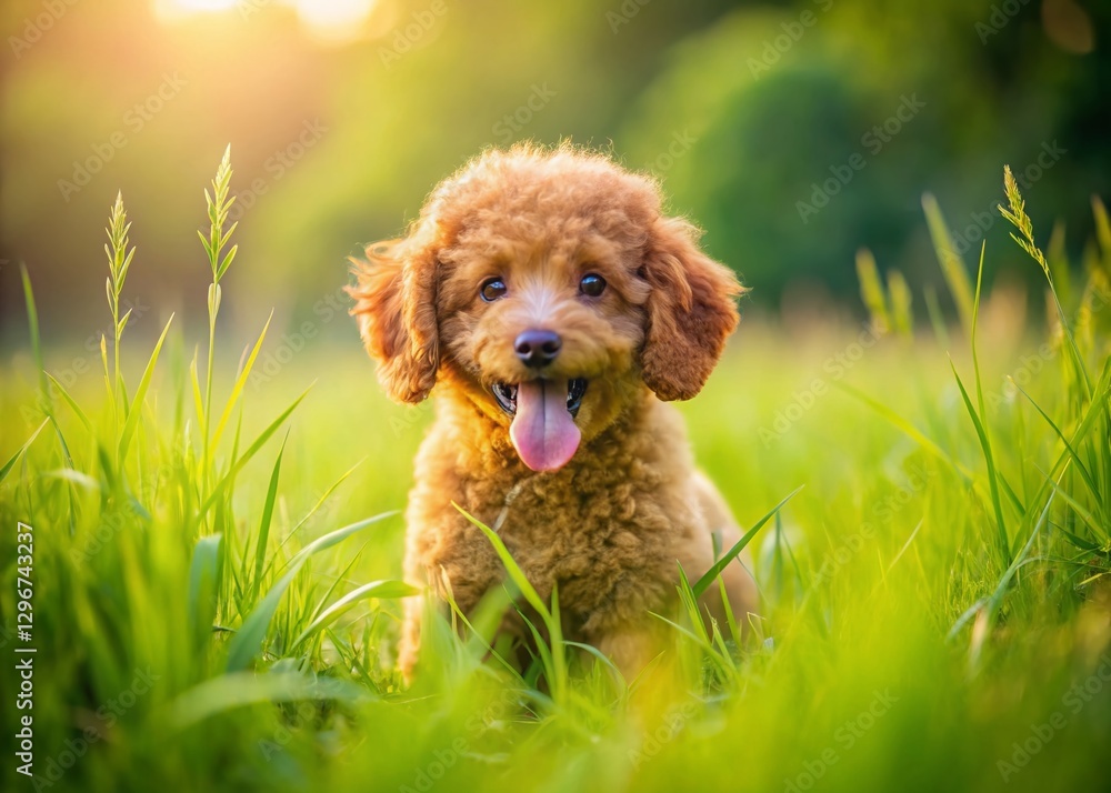 Playful Brown Poodle Puppy Hiding in Summer Grass - Stock Photo Playful Brown Poodle Puppy Hiding in Summer Grass - Stock Photo