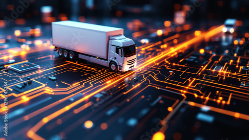 Futuristic Delivery Trucks on Circuit Board with Logistics Lines