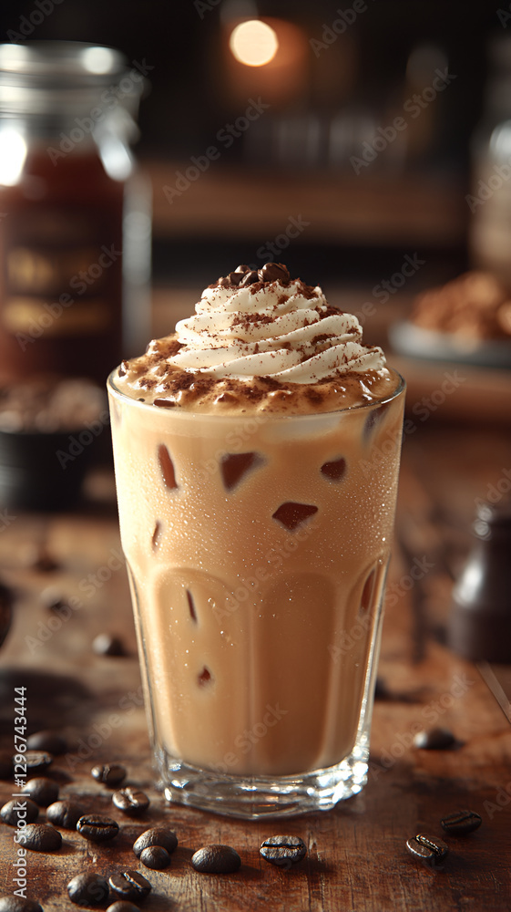 Iced coffee with whipped cream and chocolate sprinkles, perfect for summer Iced coffee with whipped cream and chocolate sprinkles, perfect for summer