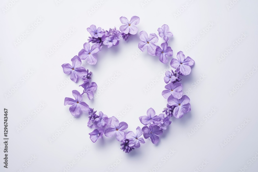 flat lay of lavender flowers arranged in the shape of an octagon on a white background, creating a soft and dreamy atmosphere for designs or text. Copy space in the center flat lay of lavender flowers arranged in the shape of an octagon on a white background, creating a soft and dreamy atmosphere for designs or text. Copy space in the center