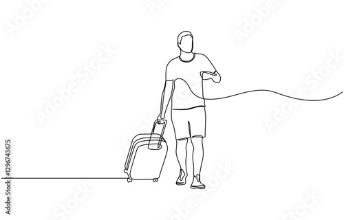 Continuous line drawing of traveler man with luggage, Drawing of young traveler businessman walk outside at international airport with suitcase. Single continuous line art style.