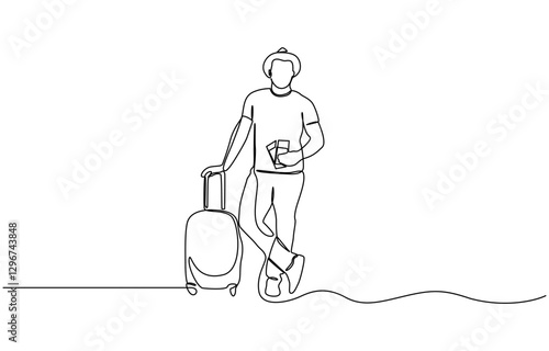 Continuous line drawing of traveler man with luggage, Drawing of young traveler businessman walk outside at international airport with suitcase. Single continuous line art style.