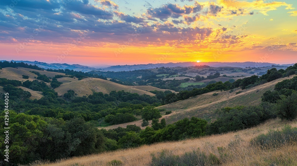 Fototapeta premium A dramatic sunset sky with layers of vibrant colors blending into the horizon over rolling hills.