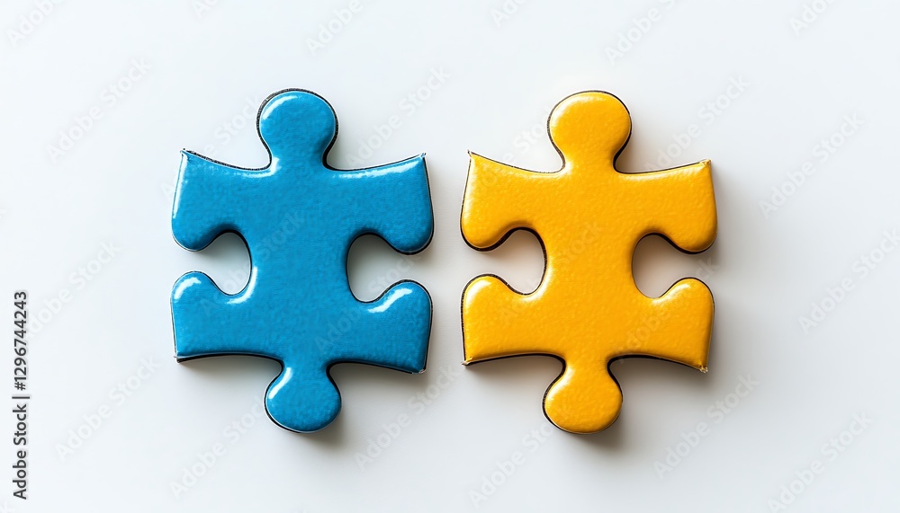Fototapeta premium Two puzzle pieces, blue and yellow, on white background