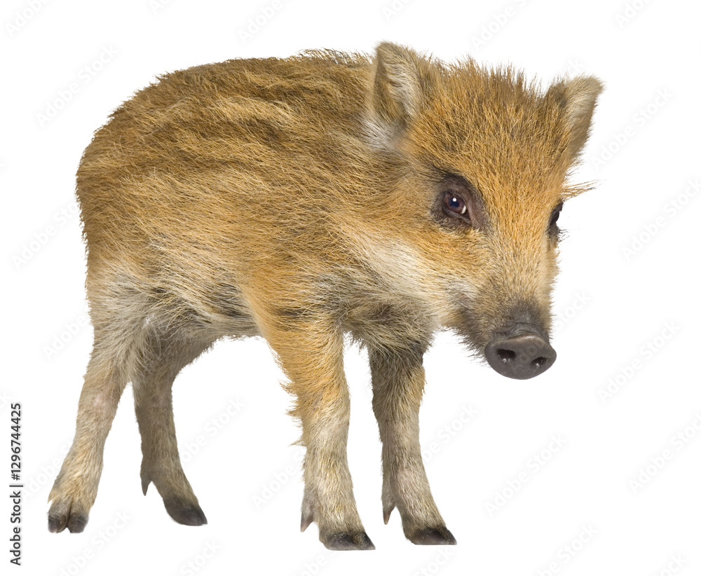Full length view of a young wild boar standing, isolated on transparent background