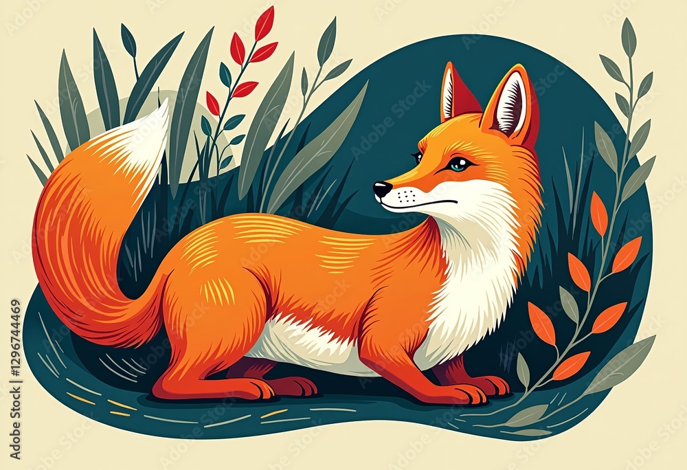 Obraz premium Vibrant Art Deco Fox: Illustration with Clear Lines, Doodle Elements, and Smooth, Non-Intersecting Lines, in a Bold Color Palette of Blue, Orange, Red, Green, Yellow, and Black.
