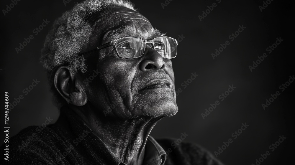 Elderly man with glasses gazing thoughtfully upwards in a dramatic black and white portrait Elderly man with glasses gazing thoughtfully upwards in a dramatic black and white portrait