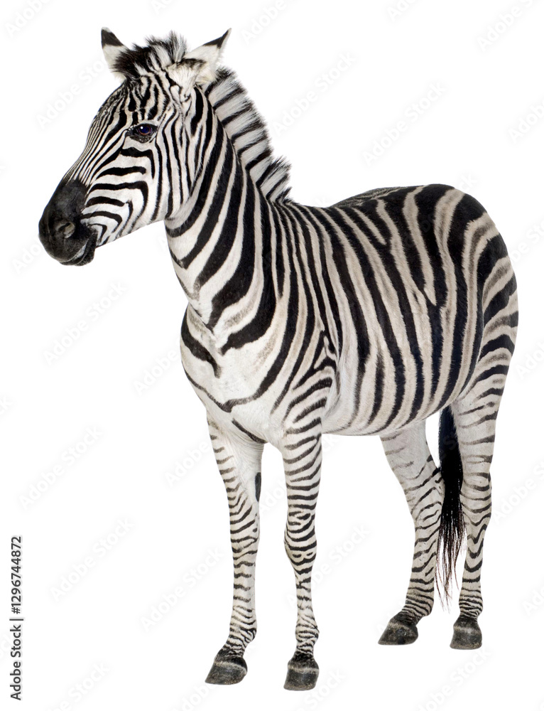 Full length view of a plains zebra standing against a transparent background