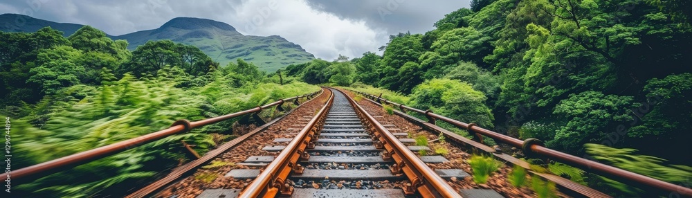 A railway track stretches through lush greenery, flanked by mountains under a cloudy sky, evoking a sense of adventure and tranquility in nature. A railway track stretches through lush greenery, flanked by mountains under a cloudy sky, evoking a sense of adventure and tranquility in nature.