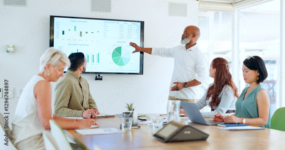Obraz premium Charts, data and tv presentation of black man in office boardroom. Leadership, meeting or business people with mature businessman presenting analytics, statistics or sales growth graphs on television