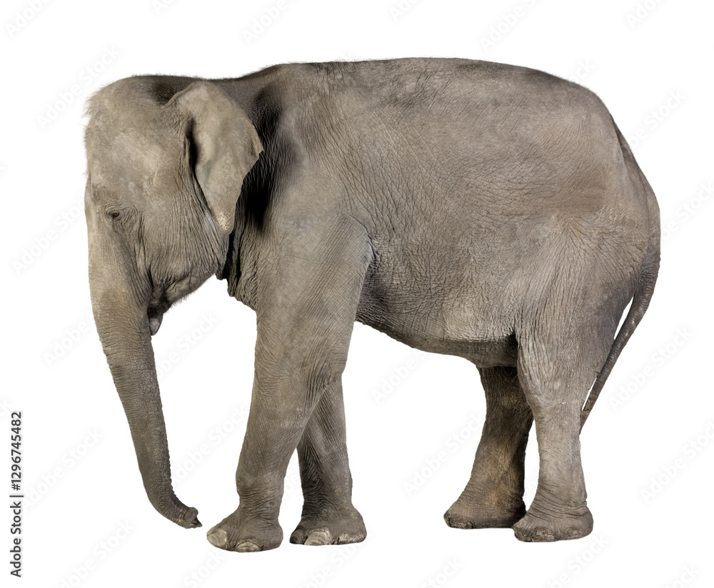 Obraz premium Full body view of a majestic asian elephant, showcasing its wrinkled skin and powerful stance against a transparent background