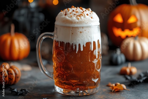 Quirky halloween inspired beer mug with spooky atmosphere and pumpkins
