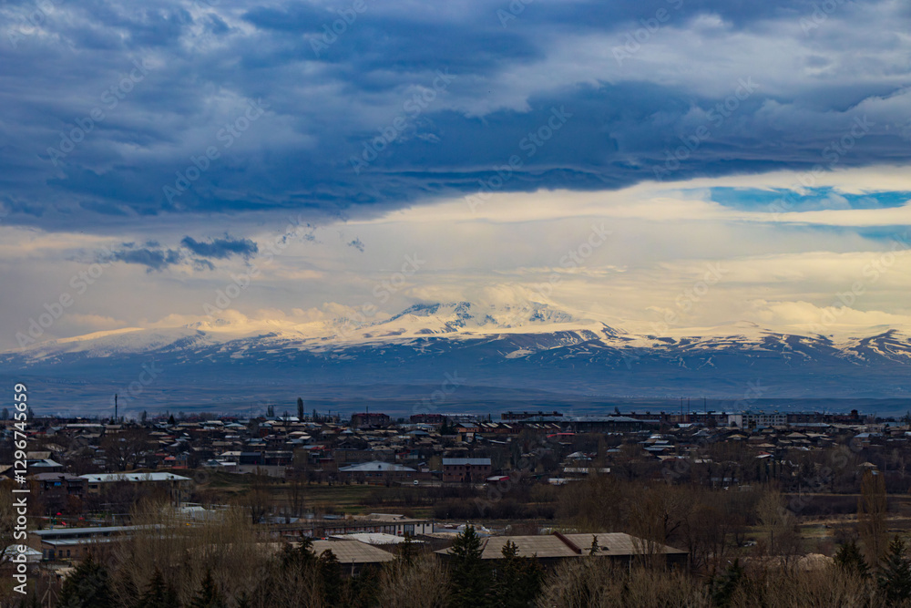 View over the Mount Ararat at the sunset in the city of Gyumri. View over the Mount Ararat at the sunset in the city of Gyumri.