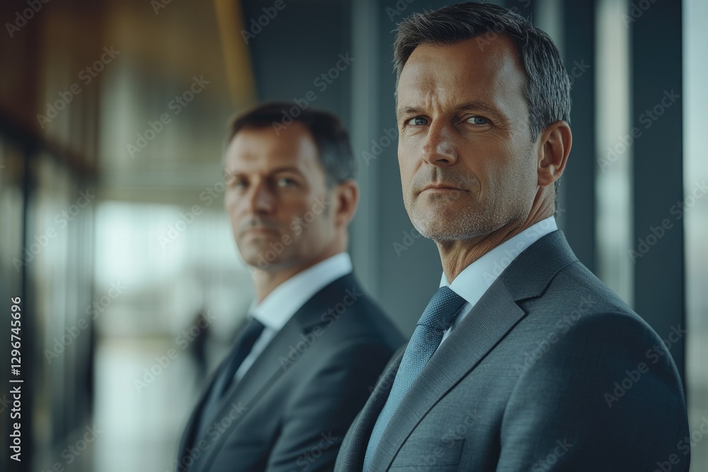 Two confident businessmen in suits stand shoulder to shoulder, exuding power and professionalism. Two confident businessmen in suits stand shoulder to shoulder, exuding power and professionalism.