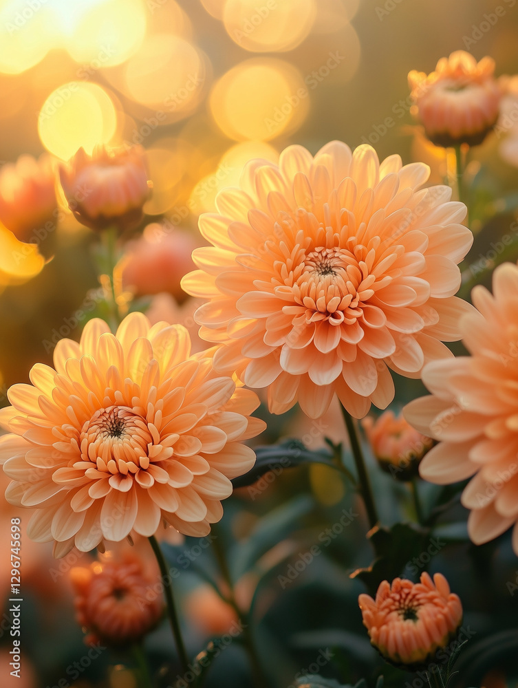 A realistic photo of a field of chrysanthemums in full bloom, autumn colors glowing in the sunlight, rich textures A realistic photo of a field of chrysanthemums in full bloom, autumn colors glowing in the sunlight, rich textures