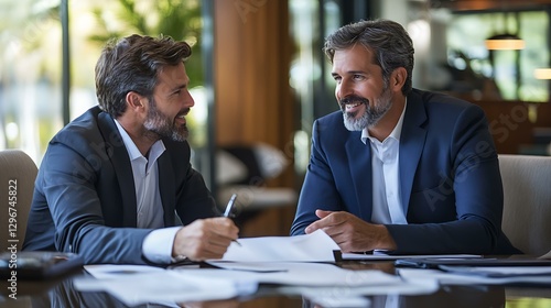 Wealth management expert consulting a client, luxurious office setting, business elite, Realistic Photo