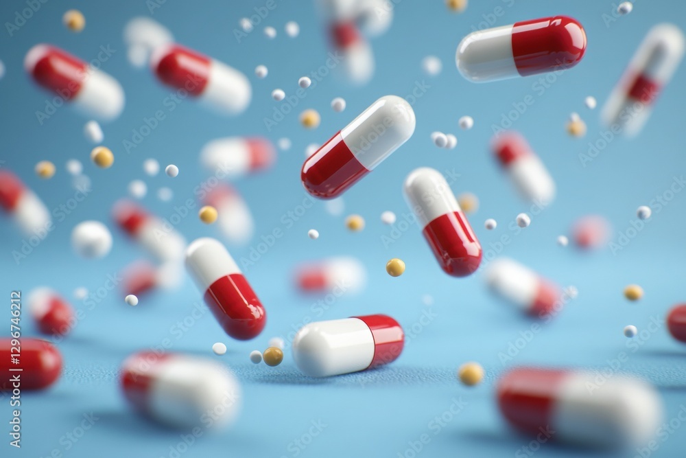 Capsules and pills falling on blue surface - medicine health concept Capsules and pills falling on blue surface - medicine health concept