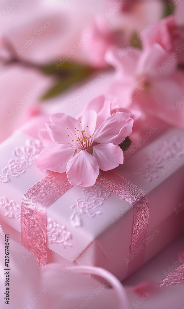 Pink gift box with pink flowers, delicate and elegant style, soft tones, light background, pink cherry blossoms embellished on the surface of exquisite boxes