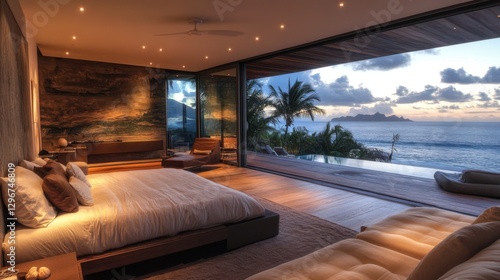 An ultra-modern bedroom with sleek furniture, a stunning view