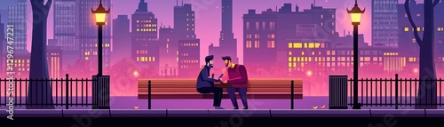 City park evening, two people talking, pink light