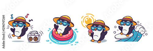 Set of cute cartoon penguins in summer activities: dancing, swimming, eating ice cream, and surfing. Vector illustration isolated on white background.