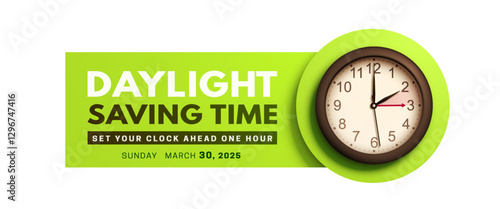 Daylight saving time. Spring Forward banner with realistic black 3d wall clock on green background. Set your clock ahead one hour. Clock Dial with hands. Vector illustration