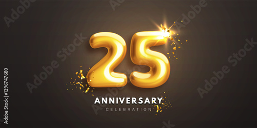 Twenty fifth anniversary celebration banner. Realistic glossy 3d golden number 25 and sparkling confetti on black background. Greeting card for birthday or wedding anniversary. Vector illustration