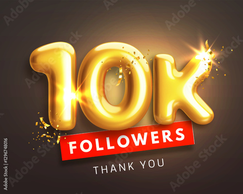 10000 followers celebration banner. Thank you 10k follower peoples. Glossy golden 3d numbers in realistic style on black background. Design for channel, group in social network. Vector illustration