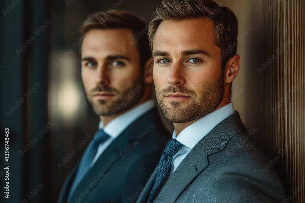Two handsome businessmen in suits stand side by side, exuding confidence and professionalism. Two handsome businessmen in suits stand side by side, exuding confidence and professionalism.