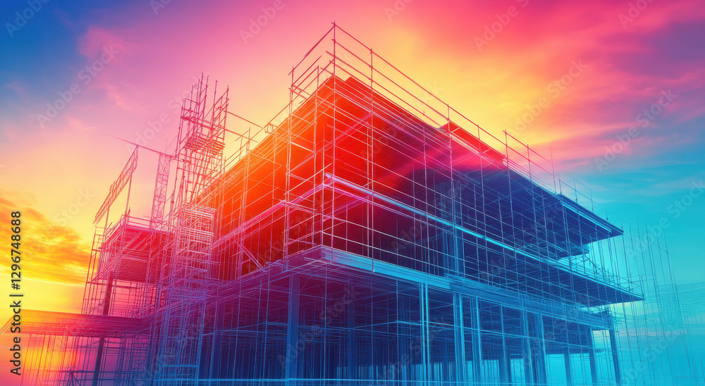 Fototapeta premium A vibrant holographic structure emerges during sunset, displaying intricate digital blueprints of a modern building. The interplay of colors enhances the futuristic feel of the construction