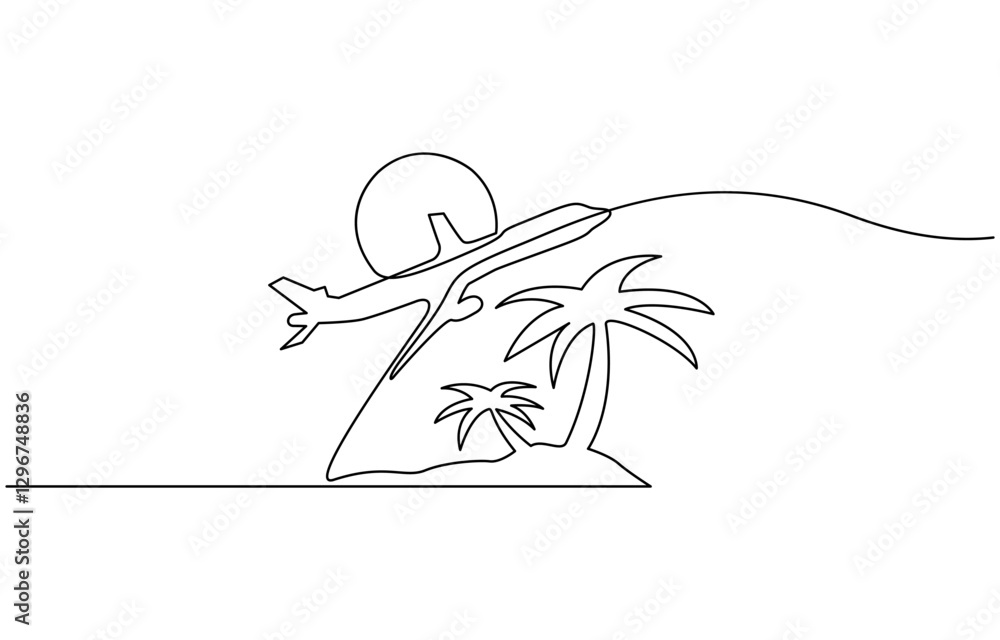 Continuous single one line art sketch drawing of airplane flying over beach sea with palm coconut tree, Airplane flying over beach sea tropical landscape holiday travel modern illustration. Continuous single one line art sketch drawing of airplane flying over beach sea with palm coconut tree, Airplane flying over beach sea tropical landscape holiday travel modern illustration.