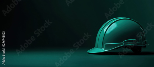 A dark green hard hat is placed on a matching surface, highlighting its importance in industrial environments. The simplicity draws attention to safety measures in construction sites
