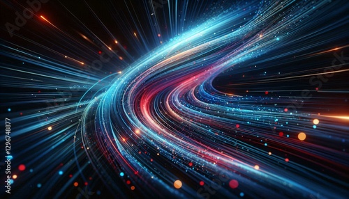 The red and blue light motion trails convey a sense of fast movement and modern technology.