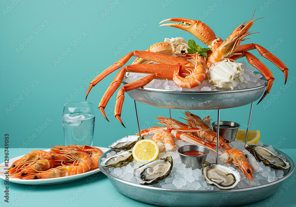 Ocean Delights: Two-Tiered Seafood Tower of Crabs, Shrimp, and Oysters.
