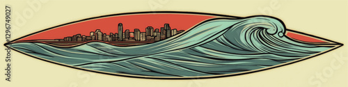 Modern Vector Art: Giant Ocean Wave About to Engulf Detailed Urban Cityscape in Eye-Shaped Frame with Distant Sunset Horizon in Unique Graphic Illustration