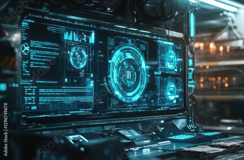 In a high-tech urban setting, advanced digital twin technology is displayed on large screens, showcasing real-time data analytics and interactive simulations used for efficient resource management