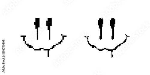 Two black and white pixelated smiley faces with distinctive square eyes and curved grins side by side.