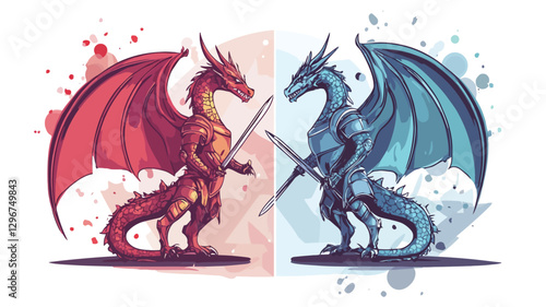 The illustration depicts two dragons, one red and one blue, engaged in a duel.  They are positioned facing each other, swords crossed.  The style is a vector illustration with a watercolor effect,