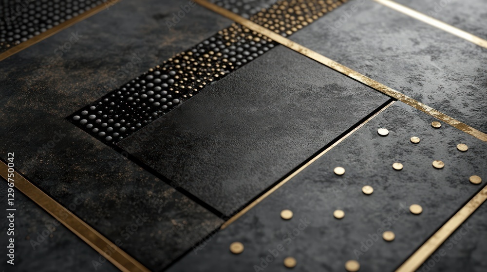 Fototapeta premium Abstract geometric pattern of dark gray stone tiles with gold accents. Possible use in design, architecture, or industrial projects